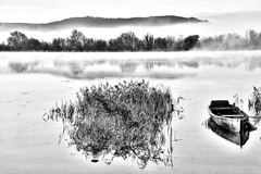 Morning mist rises from the River Suir at The Store Road, Mooncoin, Co. Kilkenny, Ireland.